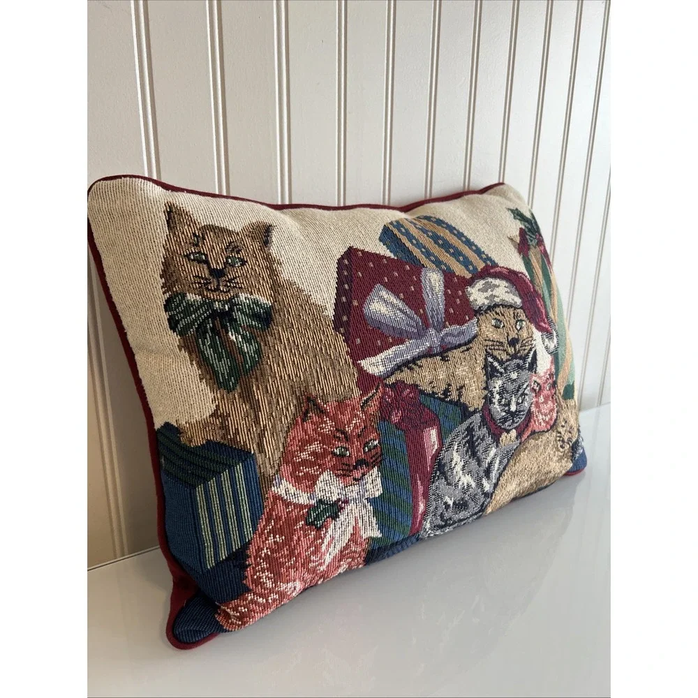 Christmas Cat Kitten Gifts Holly Santa Hat Tapestry Pillow Rectangular Used